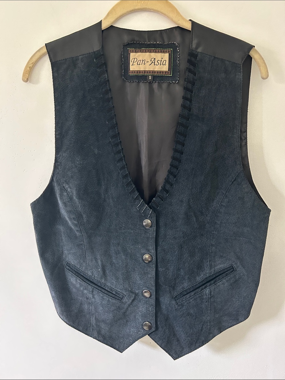 Vintage Pan Asia Women's Black Leather Suede Vest Sz S Western Festival Boho